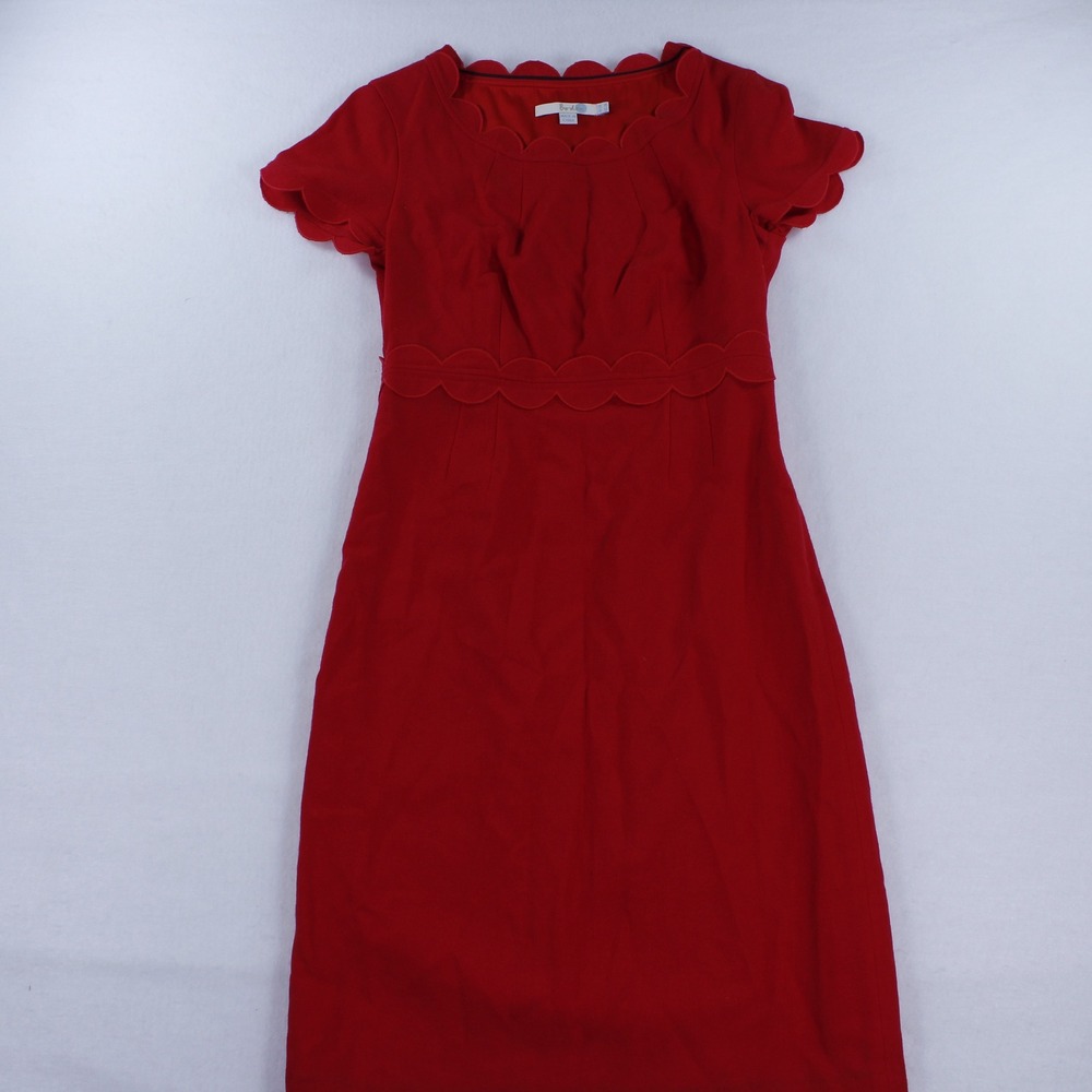 Boden Red 100% Wool Scalloped Sheath Midi Dress Short Sleeve Size US 2R UK 6R